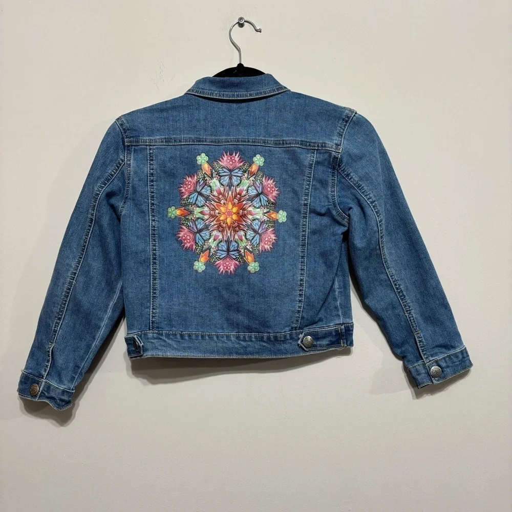 Disney Encanto floral back blue jean jacket size